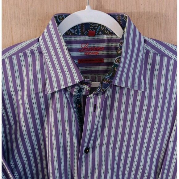 Luchiano Visconti (L) Mens Purple Striped Button Paisley Print Trim 2-ply Cotton - Picture 1 of 7